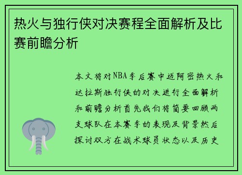 热火与独行侠对决赛程全面解析及比赛前瞻分析